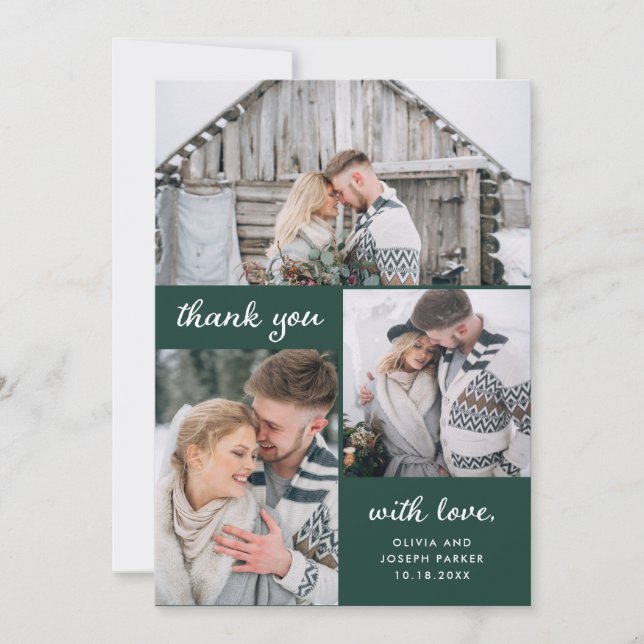 Three Photos on Emerald Green | Wedding Thank You Card (Front)