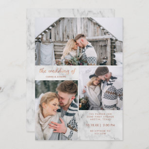 Three Photos on Marble and Rose Gold   Wedding Invitation