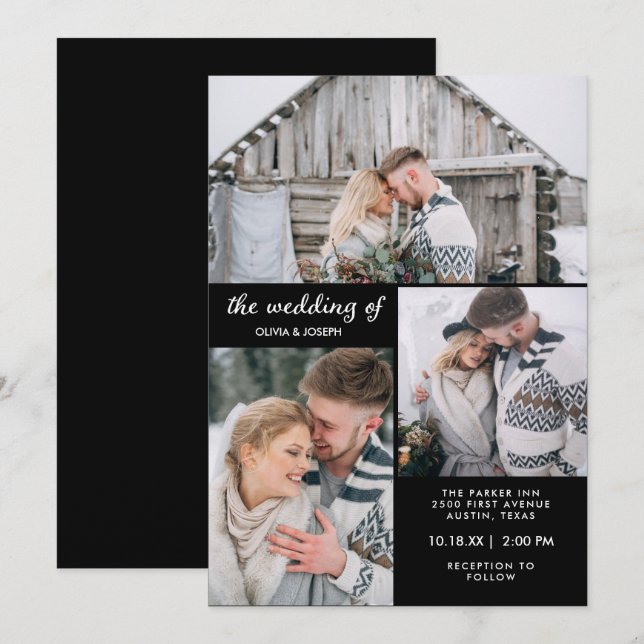 Three Photos on Modern Black | Wedding Invitation (Front/Back)