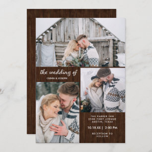 Three Photos on Rustic Wood Look Wedding Invitation