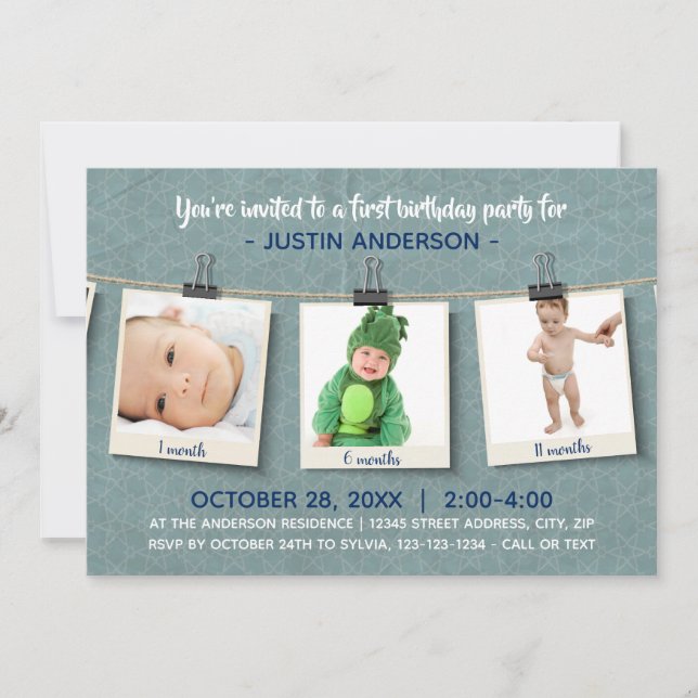 Three Photos on Twine - Birthday Party Invitation (Front)