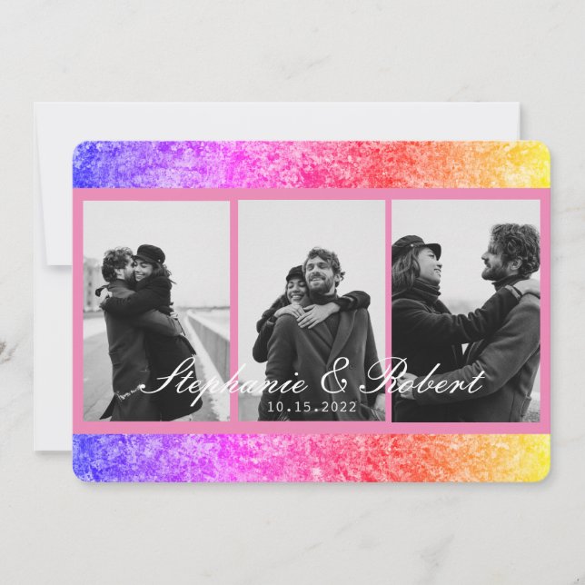 Three Photos Unicorn Pink Abstract Wedding Invitation (Front)