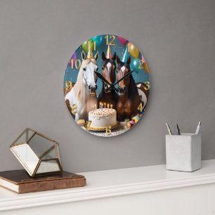 Three Piebald Horses Birthday Party, Large Clock