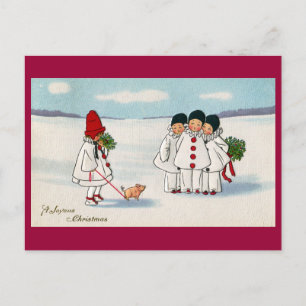 Three Pierrots and One Pig on a Leash Christmas Holiday Postcard