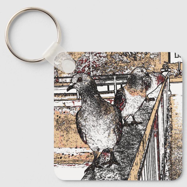 Three Pigeons on a bridge Keychain (Front)