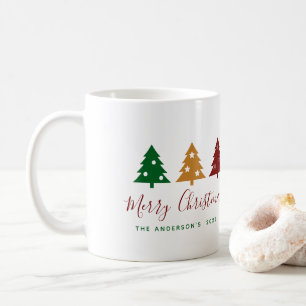 Three Pine Tree Snowflakes Stars Merry Christmas Coffee Mug