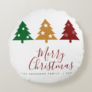 Three Pine Tree Snowflakes Stars Merry Christmas Round Pillow
