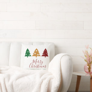 Three Pine Tree Snowflakes Stars Merry Christmas Throw Pillow