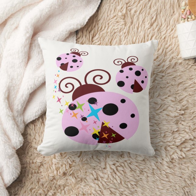 Three pink and black ladybug with stars throw pillow (Blanket)