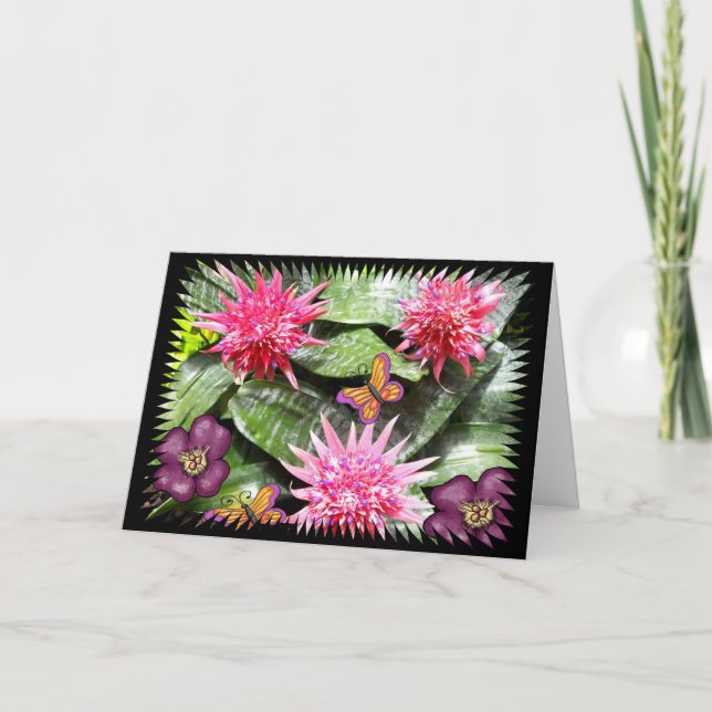 Three Pink Cactus Flowers With Butterflies Card (Front)