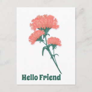 Three Pink Carnations, Hello Friend Postcard