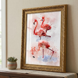 Three Pink Flamingos  in Watercolor Art Print