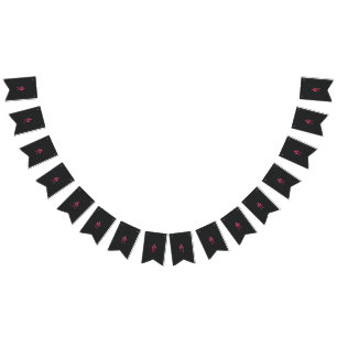 Three pink flowers with a black background bunting flags