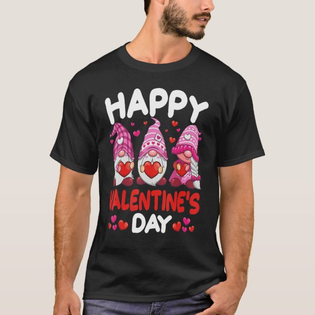 Three Pink Gnomes Holding Heart Happy Valentine's  T-Shirt (Front)