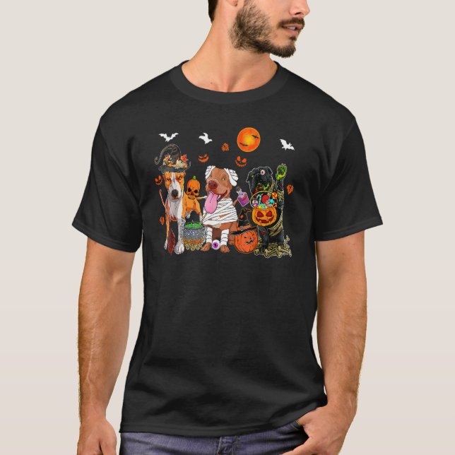 Three Pit Bull Dogs Witch Scary Mummy Halloween T-Shirt (Front)