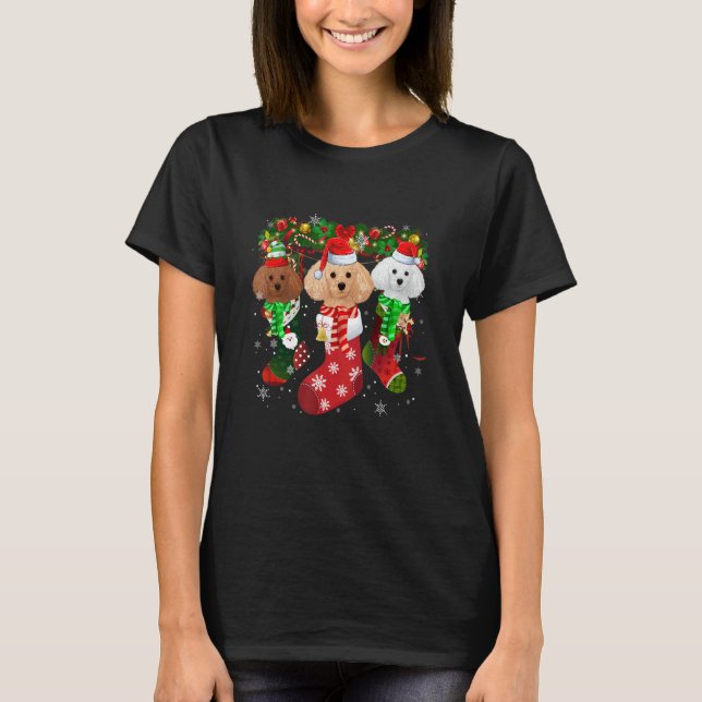 Three Poodle In Socks Christmas Santa Hat   T-Shirt (Front)