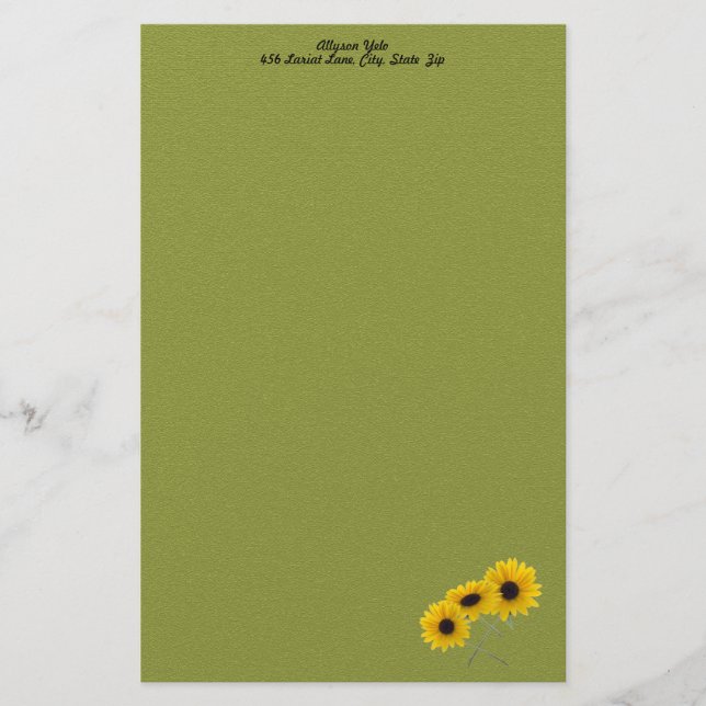 Three Pretty Sunflower Photo Corner Custom Stationery (Front)