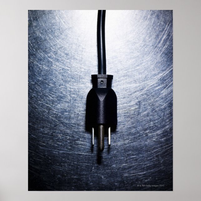 Three-pronged electrical plug on stainless poster (Front)
