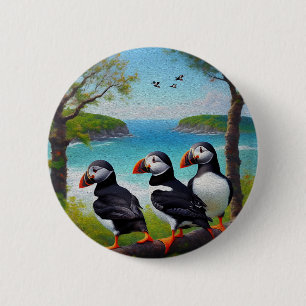 Three Puffin Birds Oil Paint,  2 Inch Round Button
