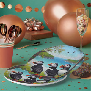 Three Puffin Birds Oil Paint, Compact Mirror Paper Plate