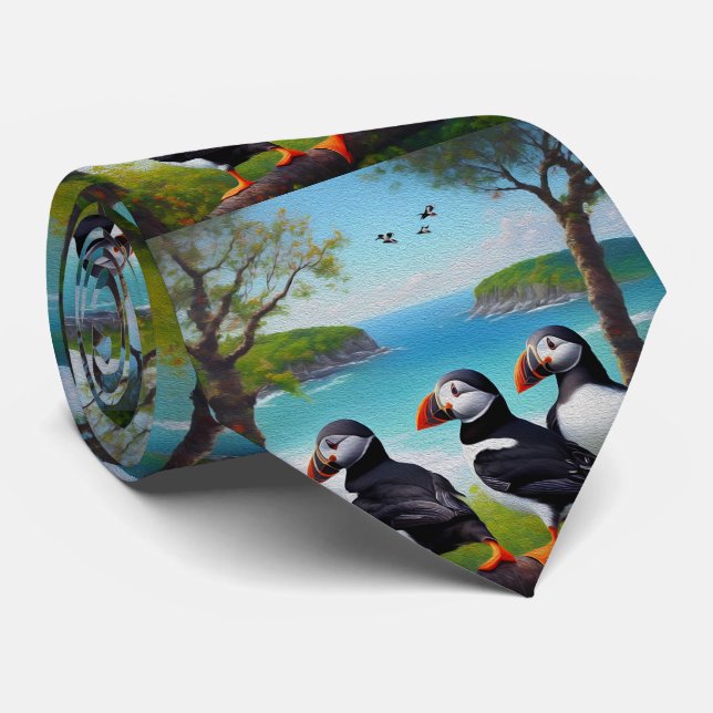Three Puffin Birds Oil Paint, Neck Tie (Rolled)