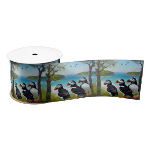 Three Puffin Birds Oil Paint, Satin Ribbon