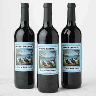 Three Puffins Oil Paint, Birthday Wine Label