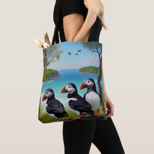 Three Puffins Oil Paint, Kids Tshirt Tote Bag