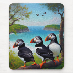 Three Puffins Oil Paint, Mouse Pad