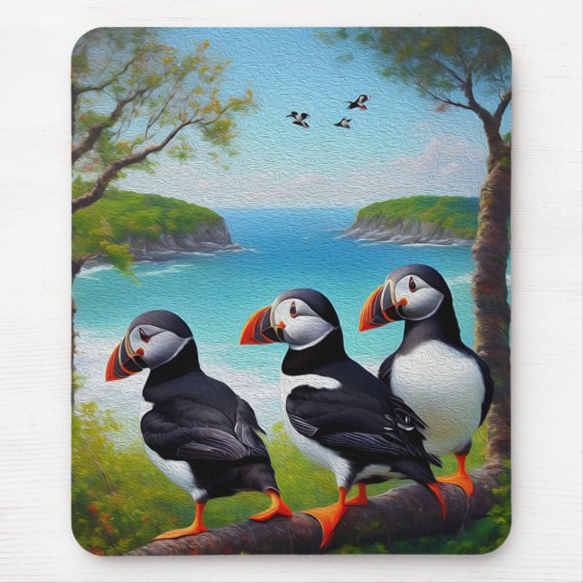 Three Puffins Oil Paint,  Mouse Pad (Front)