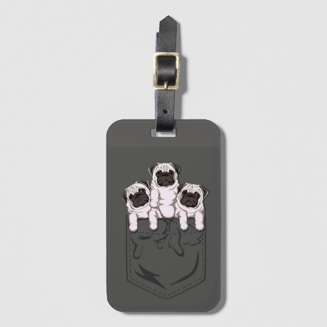Three Pug Dogs in a pocket Luggage Tag (Front Vertical)