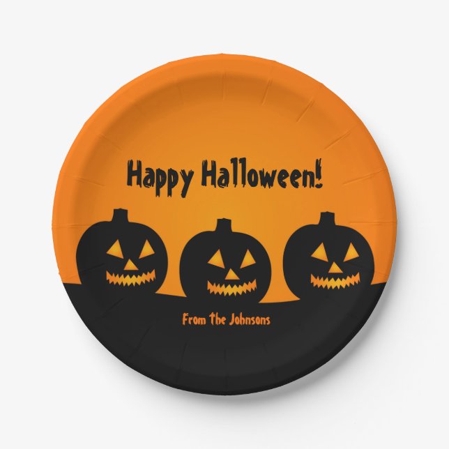 Three Pumpkins Halloween Party Paper Plates (Front)