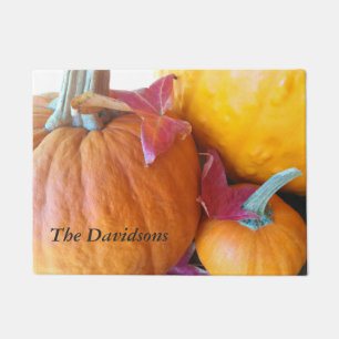 Three pumpkins with leaves doormat