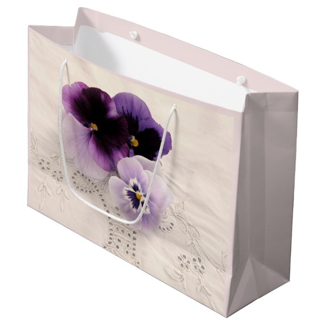 Three purple pansies large gift bag (Front Angled)