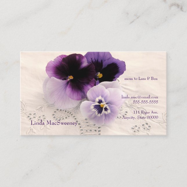 Three purple pansies mom calling card (Front)