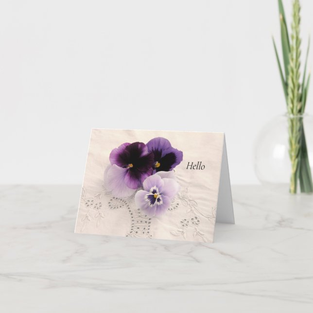 Three purple pansies thinking of you card (Front)