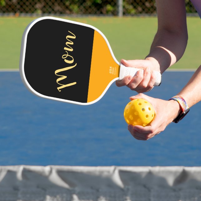 Three Quarter Script Black Yellow Sky Blue "Mom"" Pickleball Paddle (Insitu)