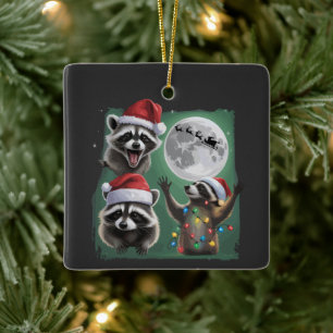 Three Raccoons With The Moon Galaxy Christmas  Ceramic Ornament