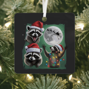 Three Raccoons With The Moon Galaxy Christmas  Metal Ornament