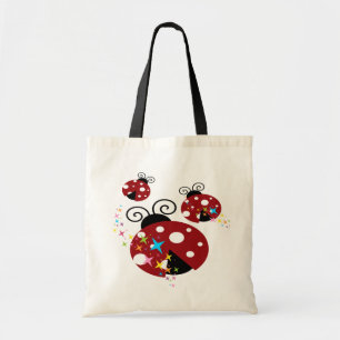 Three red and black ladybug with stars tote bag