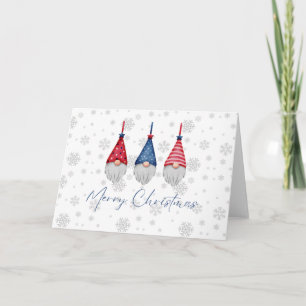Three Red Blue Gnomes Merry Christmas Snowflakes  Card