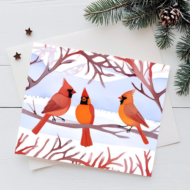 Three Red Cardinals in Snowy Branches Holiday Postcard (Creator Uploaded)