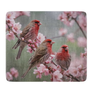 Three Red Finches On Blossom Tree, Cutting Board
