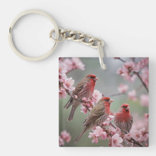 Three Red Finches On Blossom Tree, Keychain