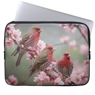Three Red Finches On Blossom Tree, Laptop Sleeve