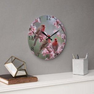 Three Red Finches On Blossom Tree,  Large Clock