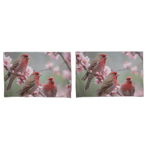Three Red Finches On Blossom Tree,  Pillowcase