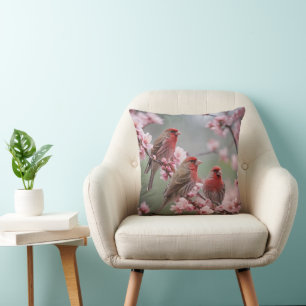 Three Red Finches On Blossom Tree, Throw Pillow