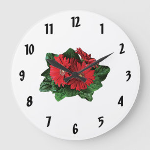 Three Red Gerbera Daisies Large Clock