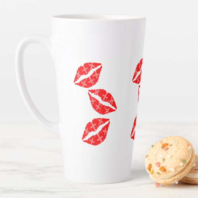 Three Red Lipstick Kisses with White pattern Gift Latte Mug (In Situ)